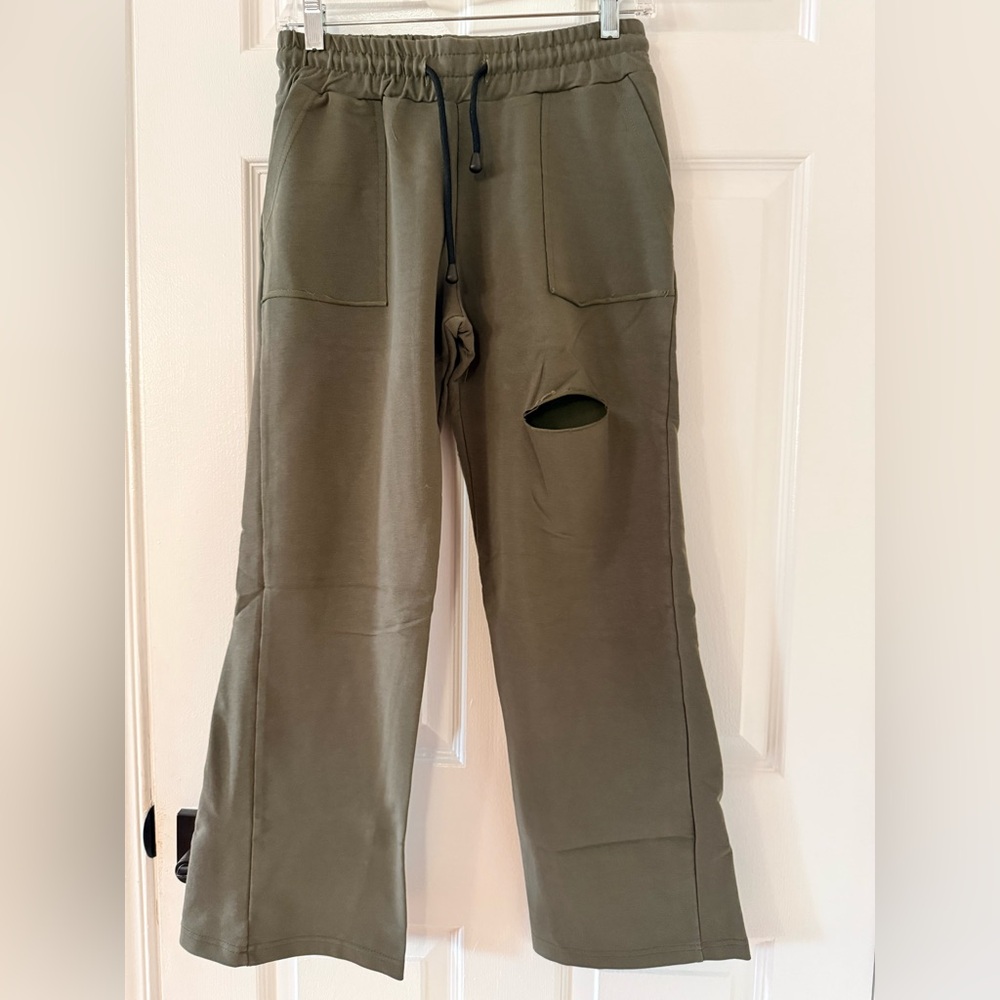 P174- Women's Olive Joggers with Distressed Detail